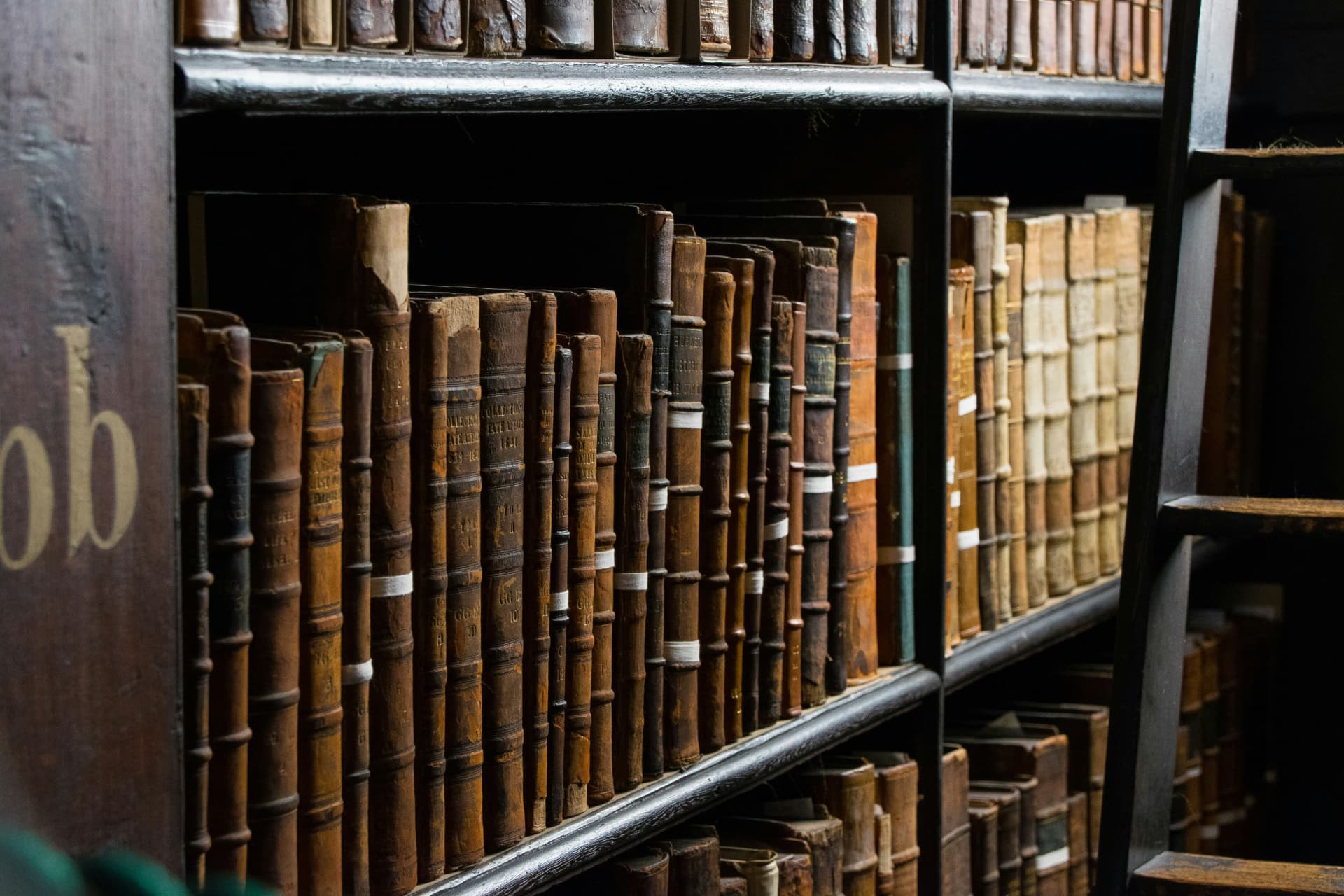 Old bound volumes on library shelves beside a wooden ladder